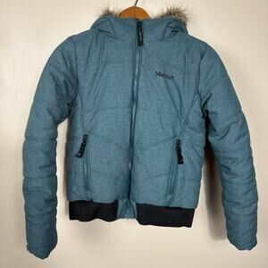 Marmot Girls Hooded Puffer Jacket Teal Faux Fur Trim Size L Youth